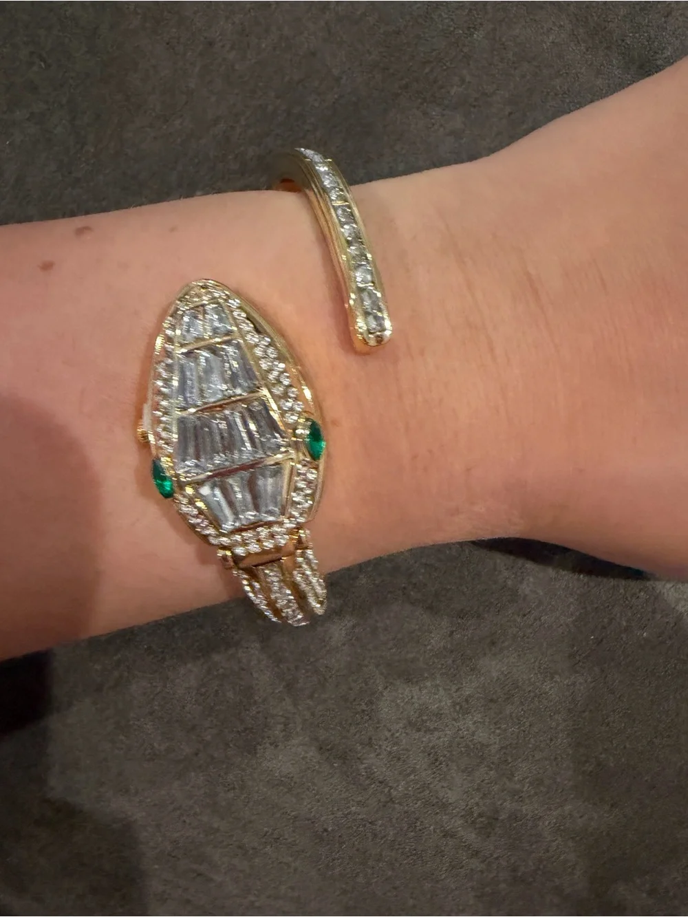 Gold Crystal Snake Cuff Bracelet with Green Accents